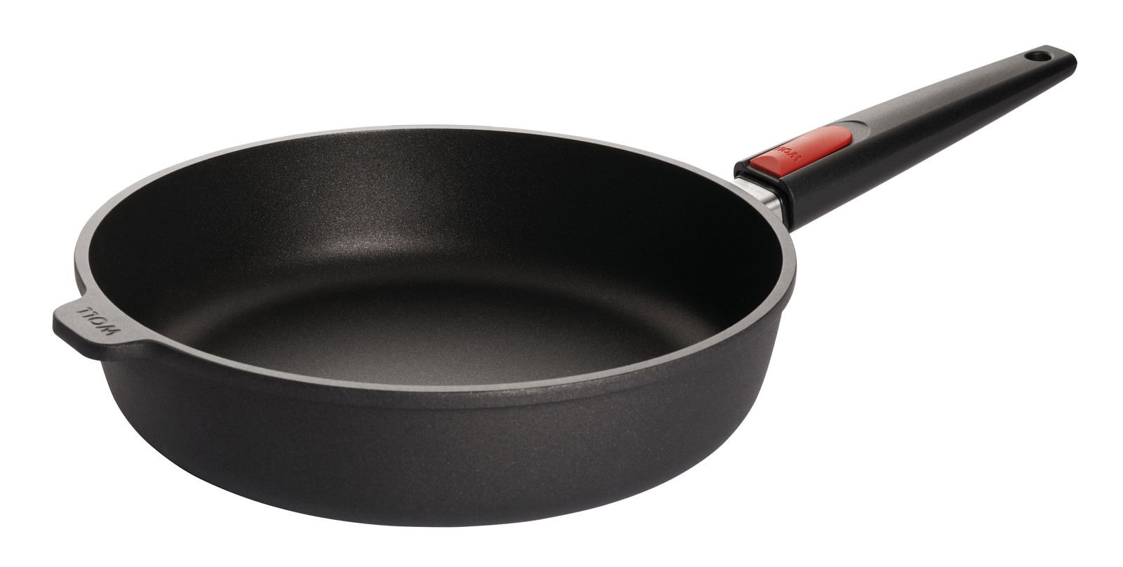 Guss-Hochrandpfanne 28cm Nowo, seitliche Perspektive, schwarzes Design mit rotem Knopf am Griff