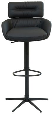 Schwarzer Barhocker mit gepolsterter Rückenlehne und Sitzfläche, seitliche Armlehnen, höhenverstellbar, mit Fußstütze und stabilem Standfuß, Frontalansicht.