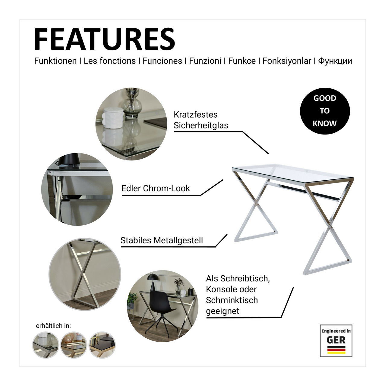 Moderner Schreibtisch mit kratzfestem Sicherheitsglas, edlem Chrom-Look und stabilem Metallgestell, geeignet als Schreibtisch, Konsole oder Schminktisch. Perspektive: seitliche Ansicht.