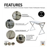 Moderner Schreibtisch mit kratzfestem Sicherheitsglas, edlem Chrom-Look und stabilem Metallgestell, geeignet als Schreibtisch, Konsole oder Schminktisch. Perspektive: seitliche Ansicht.