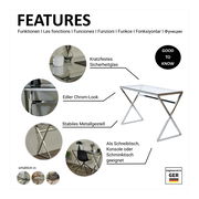 Moderner Schreibtisch mit kratzfestem Sicherheitsglas, edlem Chrom-Look und stabilem Metallgestell, geeignet als Schreibtisch, Konsole oder Schminktisch. Perspektive: seitliche Ansicht.