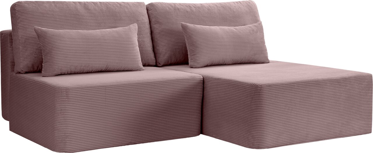 L-förmiges Schlafsofa in Rosa mit gerippter Textur, Ansicht von vorne rechts
