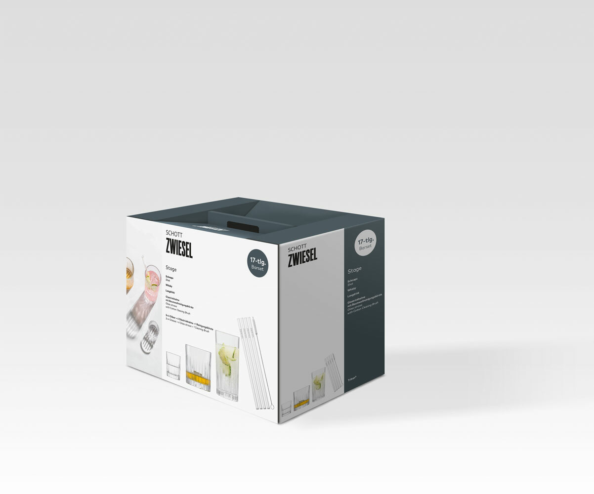 Verpackung des 17-teiligen Bechersets Stage von Schott Zwiesel, schräg von vorne fotografiert.