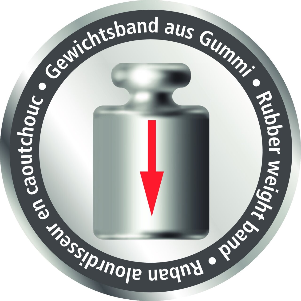 Illustration eines Gewichts mit rotem Pfeil nach unten, umgeben von einem Kreis mit der Aufschrift 'Gewichtsband aus Gummi' in mehreren Sprachen, aus der Vogelperspektive.