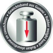 Illustration eines Gewichts mit rotem Pfeil nach unten, umgeben von einem Kreis mit der Aufschrift 'Gewichtsband aus Gummi' in mehreren Sprachen, aus der Vogelperspektive.