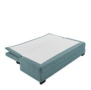 Funktionssofa in hellblauem Stoff, ausgeklappt in der Perspektive von schräg vorne.