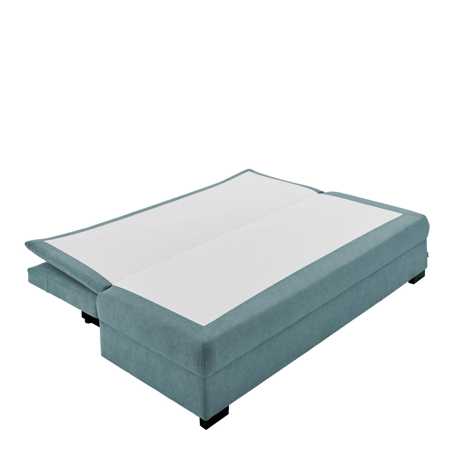 Funktionssofa in hellblauem Stoff, ausgeklappt in der Perspektive von schräg vorne.