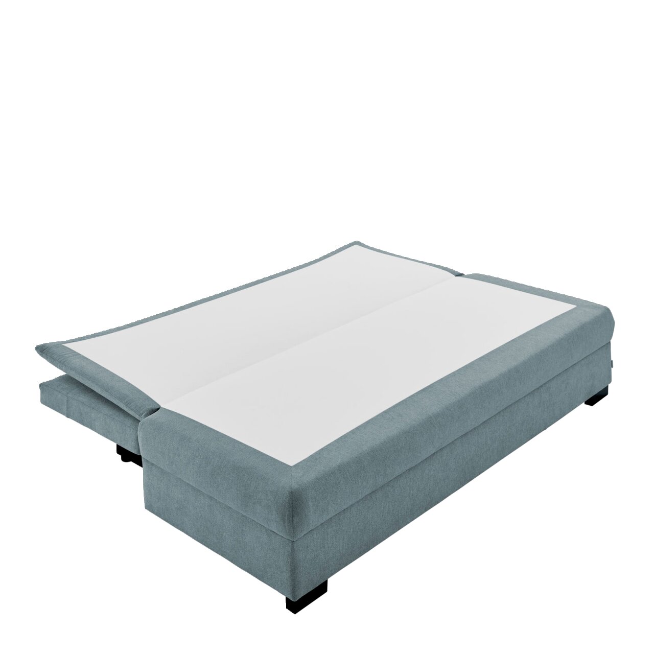 Funktionssofa in hellblauem Stoff, ausgeklappt in der Perspektive von schräg vorne.