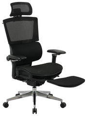 Moderner schwarzer Chefsessel mit Netzrückenlehne und verstellbarer Kopfstütze, seitliche Perspektive