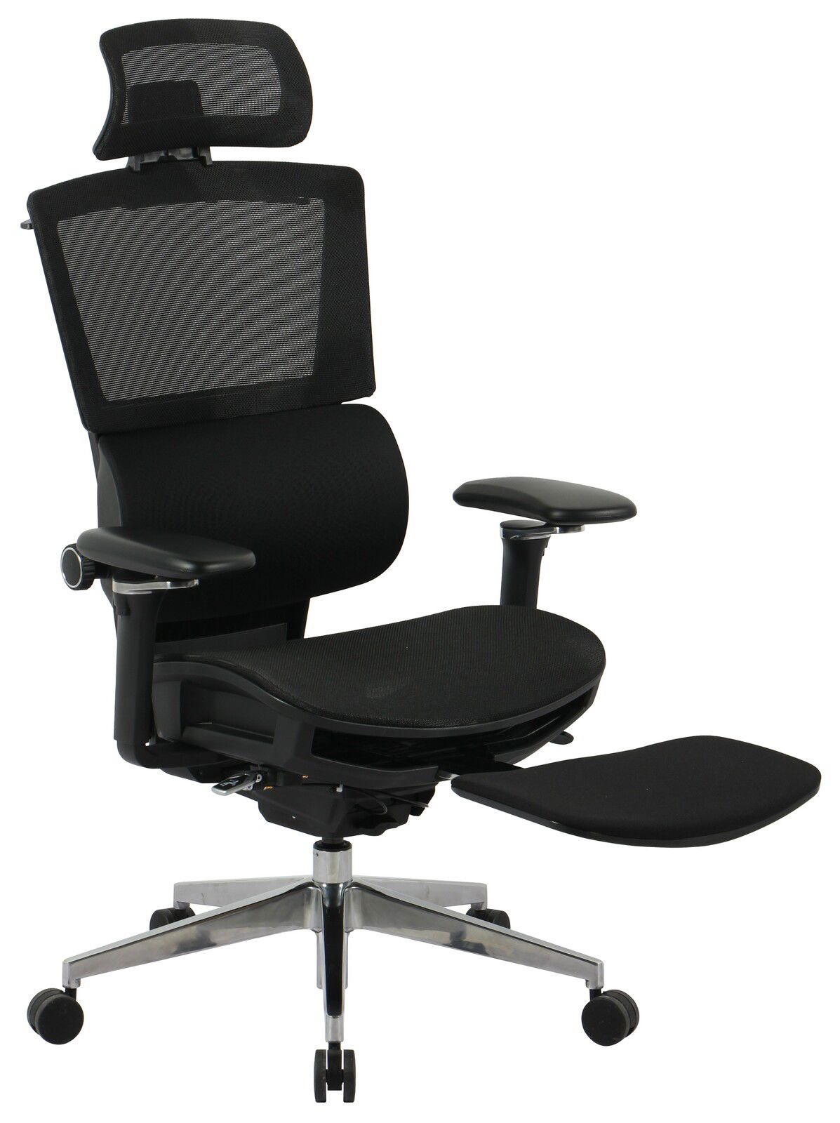 Moderner schwarzer Chefsessel mit Netzrückenlehne und verstellbarer Kopfstütze, seitliche Perspektive