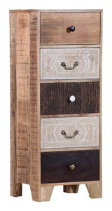 Hochkommode aus Holz mit fünf Schubladen in verschiedenen Designs, seitliche Perspektive