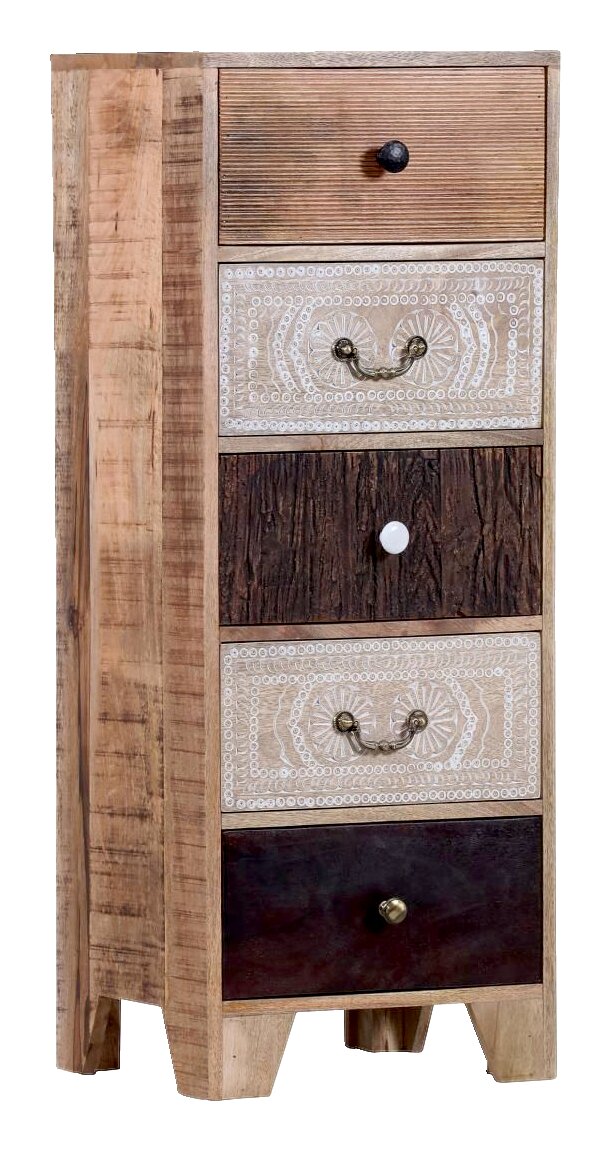Hochkommode aus Holz mit fünf Schubladen in verschiedenen Designs, seitliche Perspektive