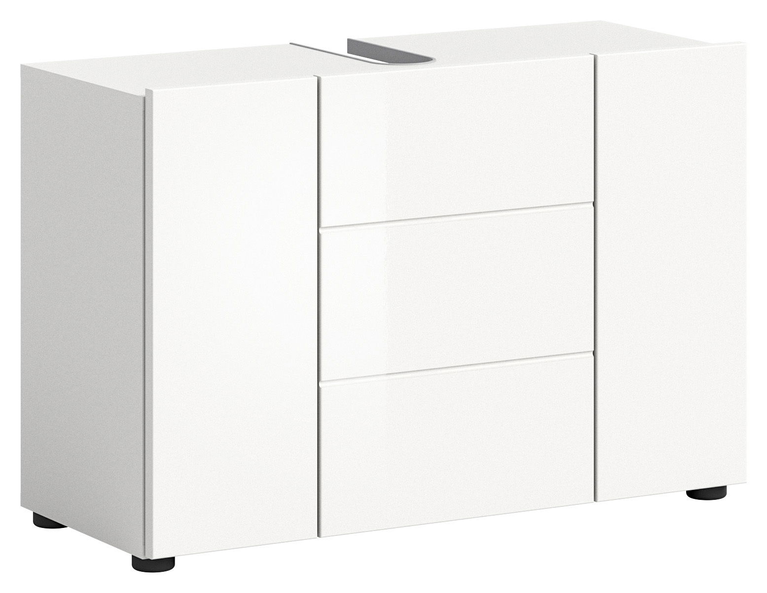 MID.YOU Waschbeckenunterschrank VIRA Weißer Waschbeckenunterschrank mit zwei Türen und drei Schubladen, perspektivisch von vorne links betrachtet.