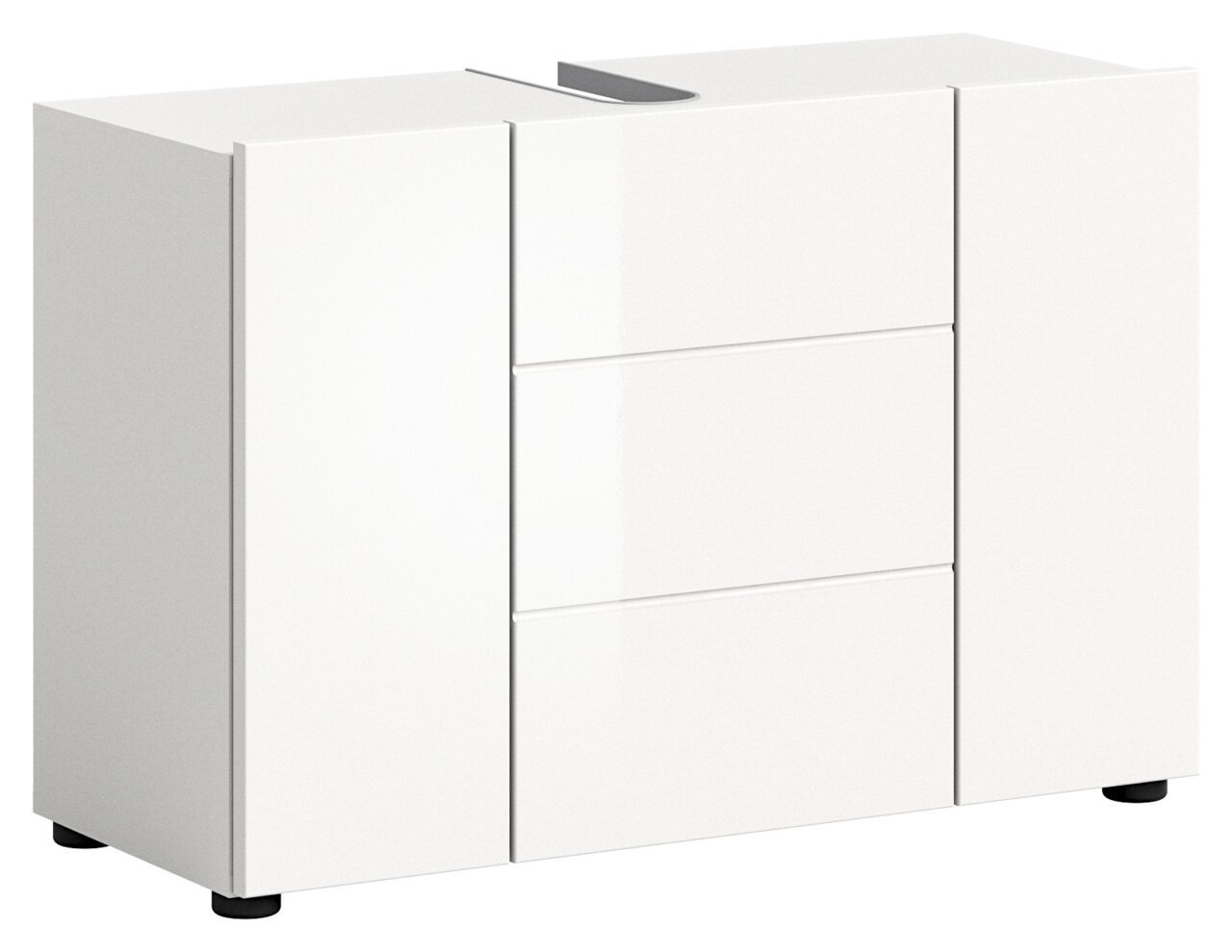 MID.YOU Waschbeckenunterschrank VIRA Weißer Waschbeckenunterschrank mit zwei Türen und drei Schubladen, perspektivisch von vorne links betrachtet.