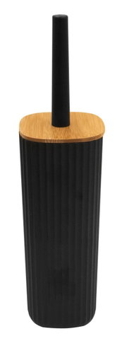 Schwarze WC-Bürste mit geriffeltem Halter und Bambusdeckel, Frontansicht (leicht von oben) auf weißem Hintergrund