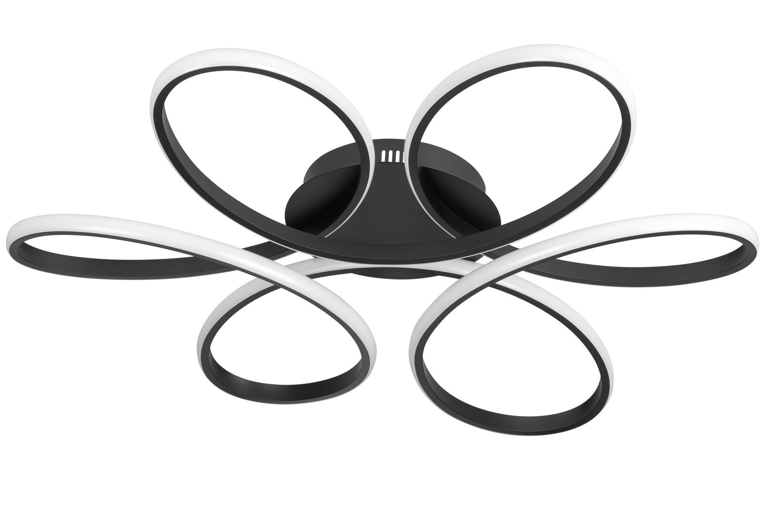 Moderne LED-Deckenleuchte mit geschwungenem Design, seitliche Perspektive