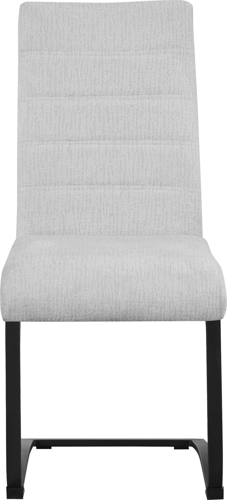 Beiger Polsterstuhl mit hoher, leicht gepolsterter Rückenlehne und schwarzen Metallbeinen, frontal aus der Vorderansicht freigestellt auf weißem Hintergrund