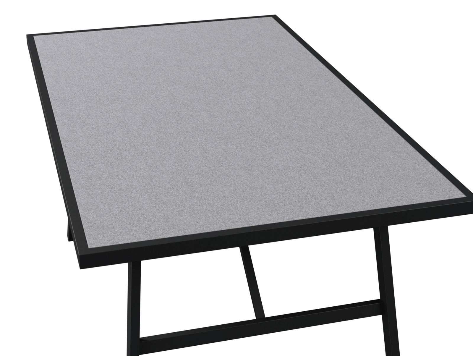 Moderner Gartentisch mit grauer Tischplatte und schwarzem Rahmen, seitliche Perspektive