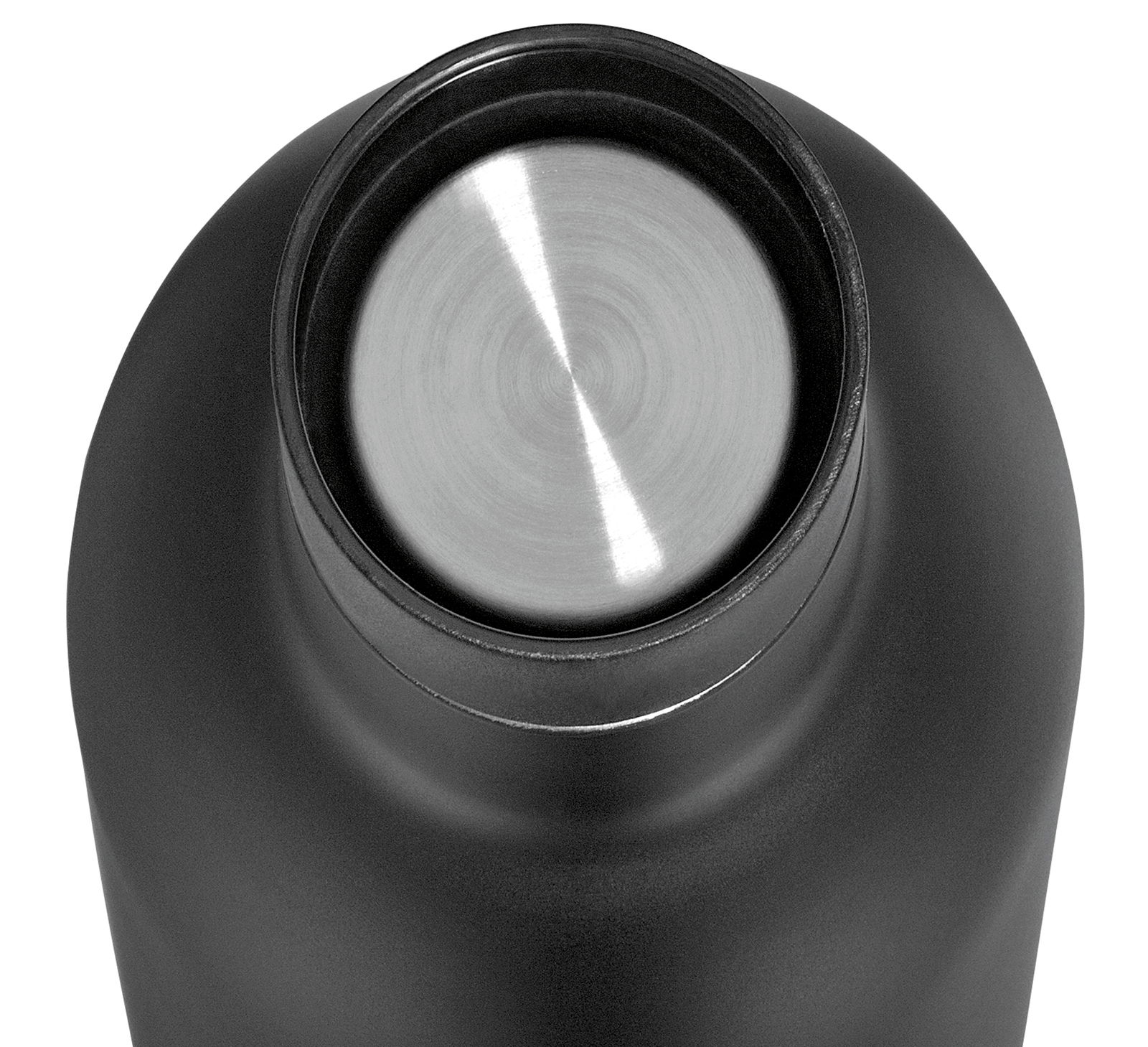 Ansicht von oben auf eine schwarze Isoliertrinkflasche mit Edelstahlverschluss, 650ml