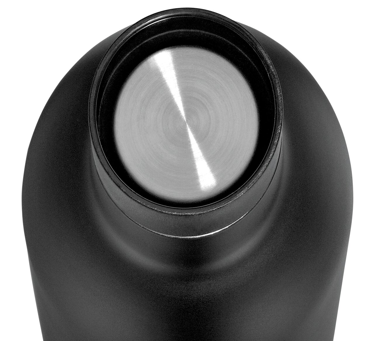 Cilio Isoliertrinkflasche DELUXE Ansicht von oben auf eine schwarze Isoliertrinkflasche mit Edelstahlverschluss, 650ml