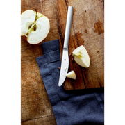 Obstmesser auf einem Holzbrett mit geschnittenem Apfel, von oben betrachtet