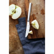 Een fruitmes op een houten plank met een gesneden appel, gezien van bovenaf