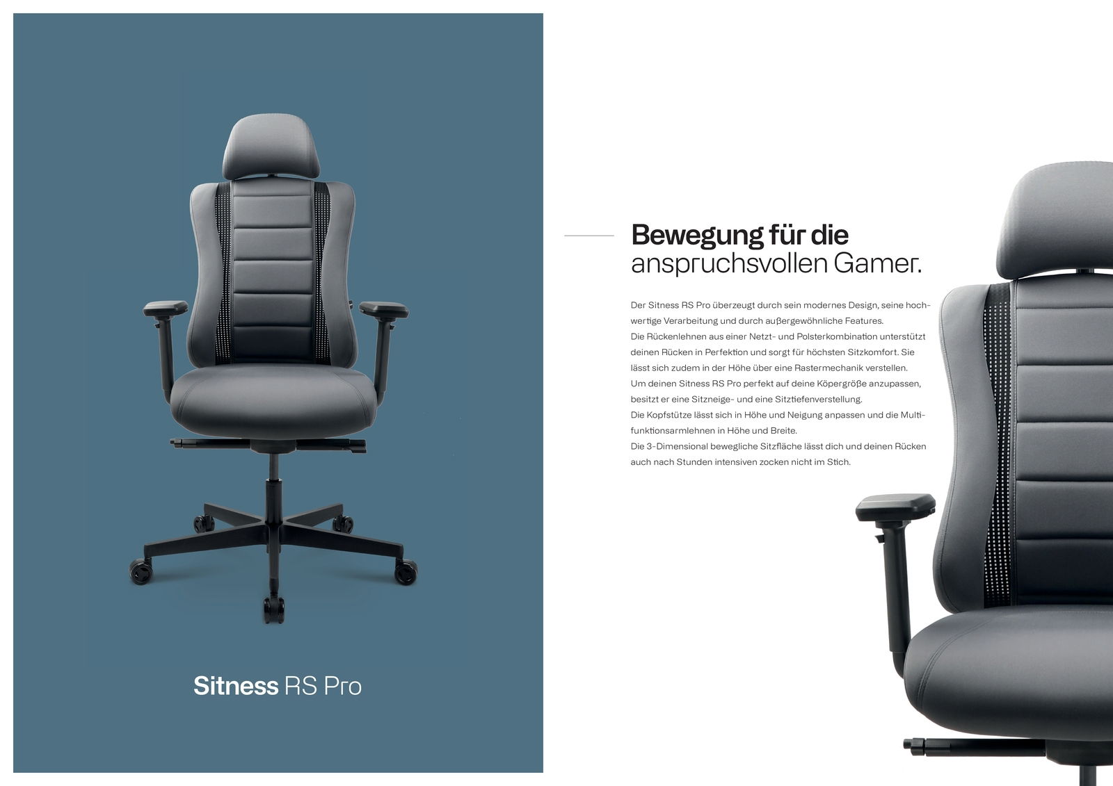 Frontansicht eines modernen Gaming-Stuhls, Sitness RS Pro, mit ergonomischem Design und verstellbaren Armlehnen.