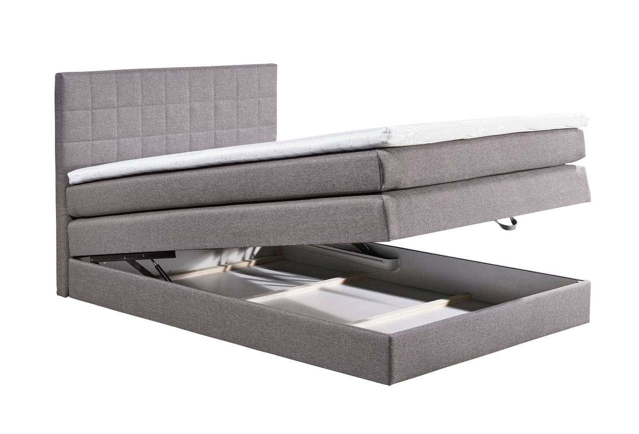 Graues Boxspringbett XORA HAWAII mit geöffnetem Bettkasten, seitliche Perspektive