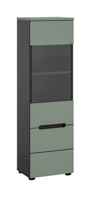 Schmaler, hoher Badezimmerschrank in Grau/Anthrazit mit Glasfront und Schublade, perspektivische Ansicht schräg von vorne links