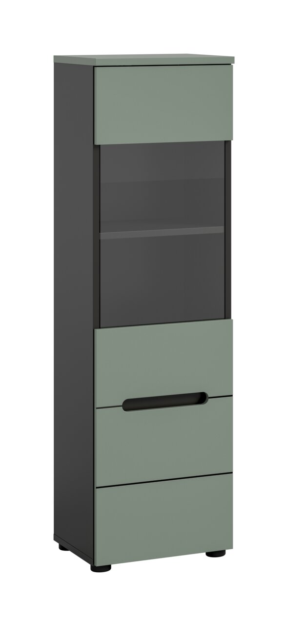 Schmaler, hoher Badezimmerschrank in Grau/Anthrazit mit Glasfront und Schublade, perspektivische Ansicht schräg von vorne links