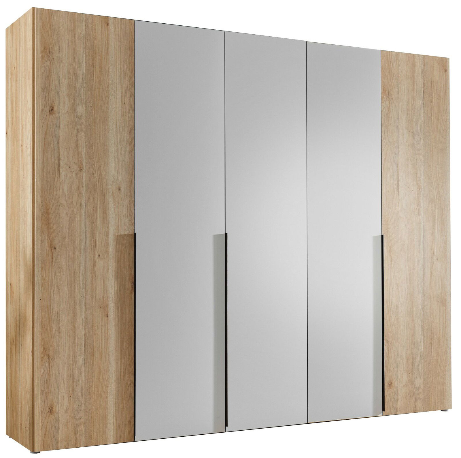 Moderner Kleiderschrank mit Holzoptik und Spiegeltüren, Frontalansicht