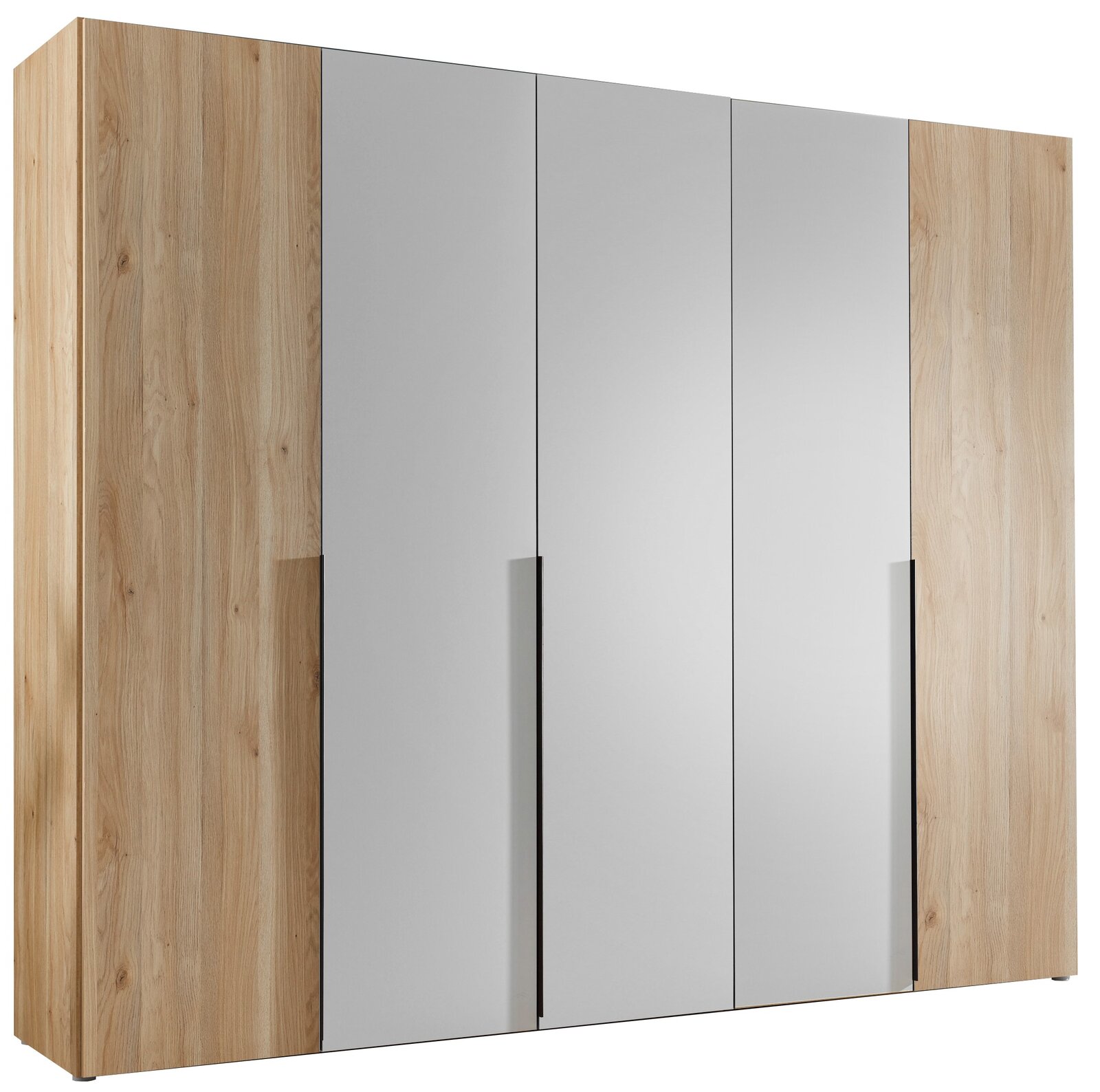 Moderner Kleiderschrank mit Holzoptik und Spiegeltüren, Frontalansicht