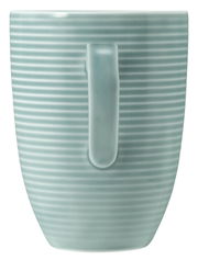 Hellblauer Becher mit Henkel, seitliche Perspektive, mit horizontalen Rillen.