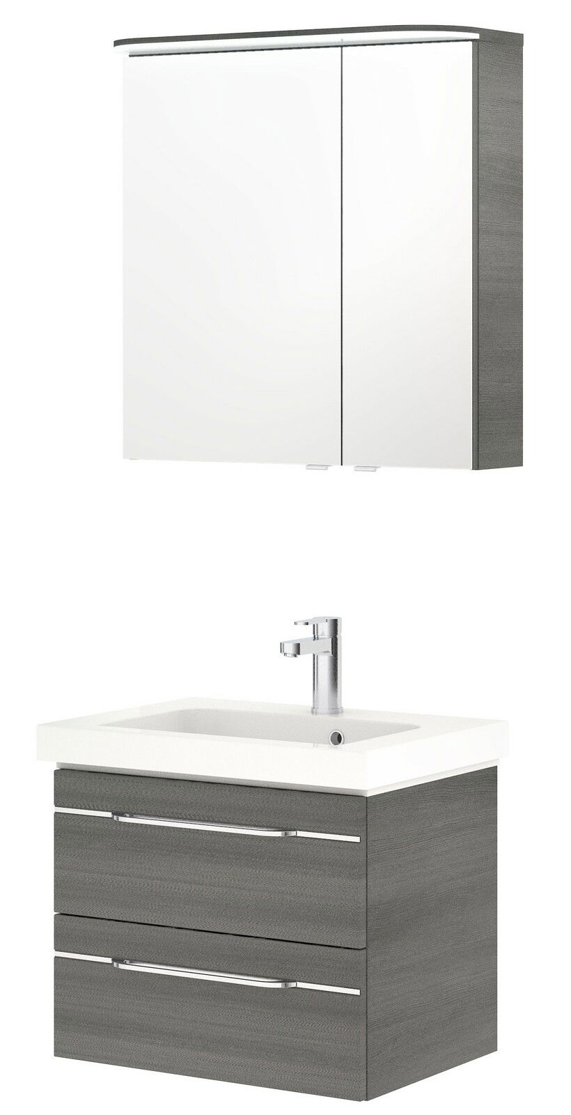 Pelipal Badblok BALTO SPRINT Moderner Badblock mit Spiegelschrank und Waschbeckenunterschrank in grauer Holzoptik, Frontalansicht