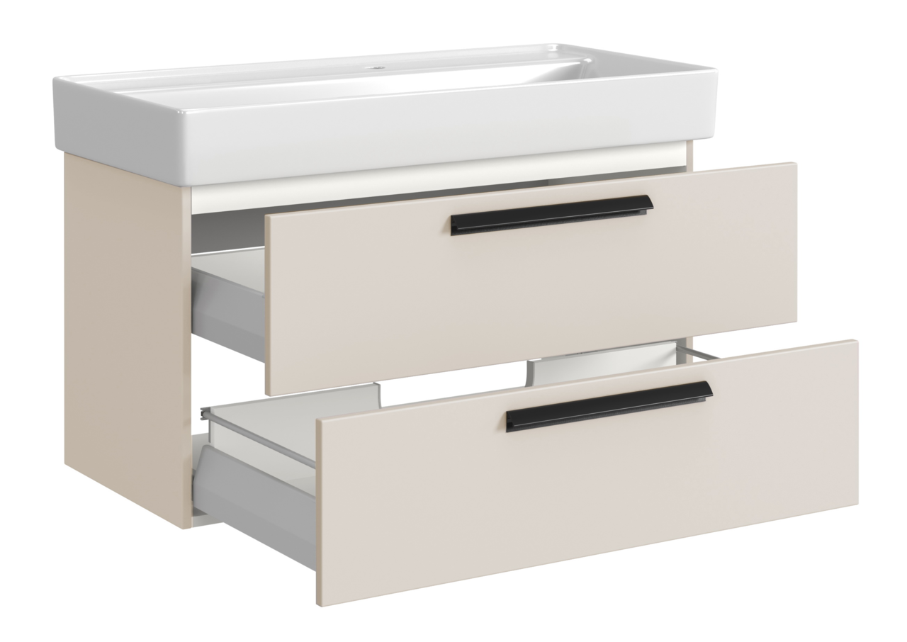 Waschtisch-Set mit zwei offenen Schubladen, seitliche Perspektive