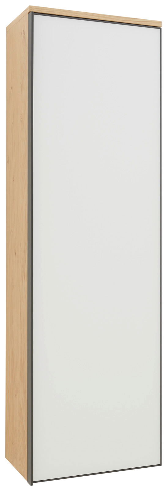 Hängender Garderobenschrank mit weißer Front und Holzseiten, perspektivisch von vorne rechts gesehen.