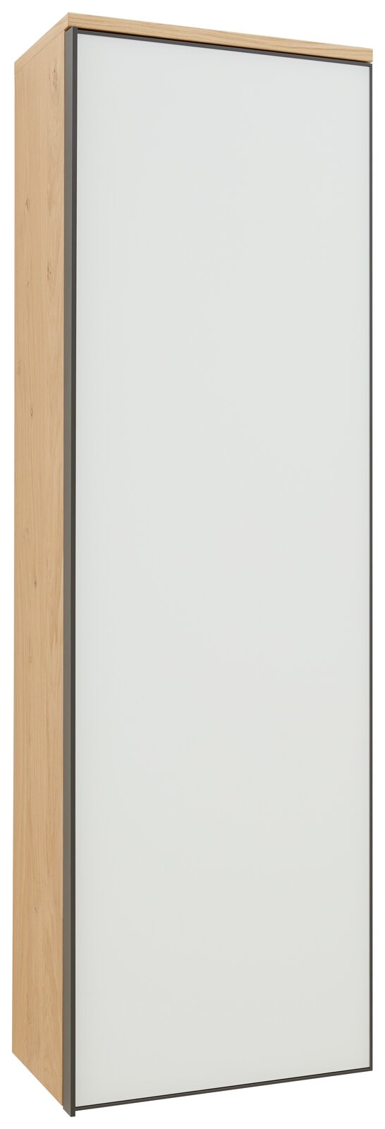 Hängender Garderobenschrank mit weißer Front und Holzseiten, perspektivisch von vorne rechts gesehen.