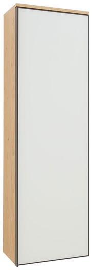 Hängender Garderobenschrank mit weißer Front und Holzseiten, perspektivisch von vorne rechts gesehen.