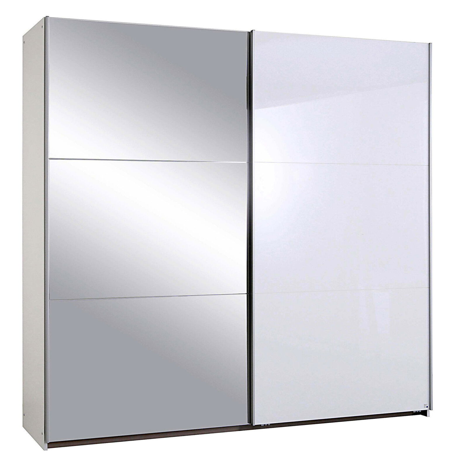 Moderner Schwebetürenschrank mit zwei Türen, eine mit Spiegel und die andere in Weiß, frontal abgebildet.