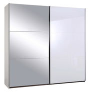 Moderner Schwebetürenschrank mit zwei Türen, eine mit Spiegel und die andere in Weiß, frontal abgebildet.