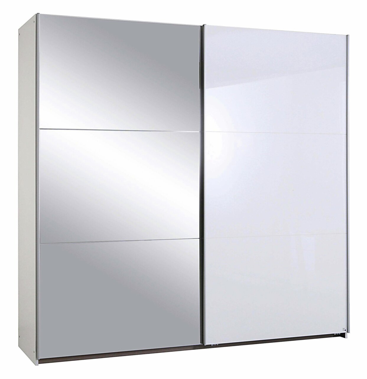Moderner Schwebetürenschrank mit zwei Türen, eine mit Spiegel und die andere in Weiß, frontal abgebildet.