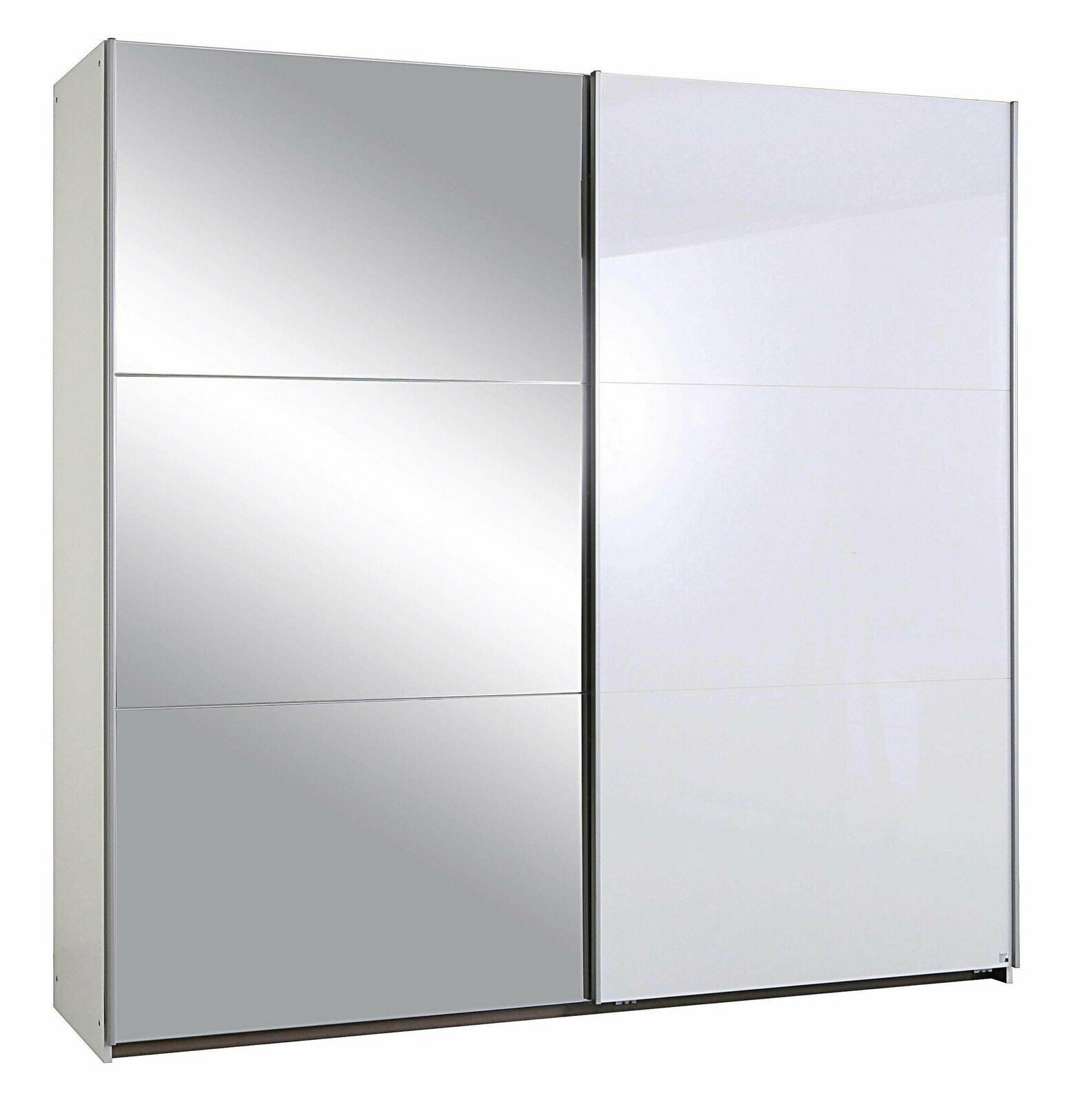 Moderner Schwebetürenschrank mit zwei Türen, eine mit Spiegel und die andere in Weiß, frontal abgebildet.