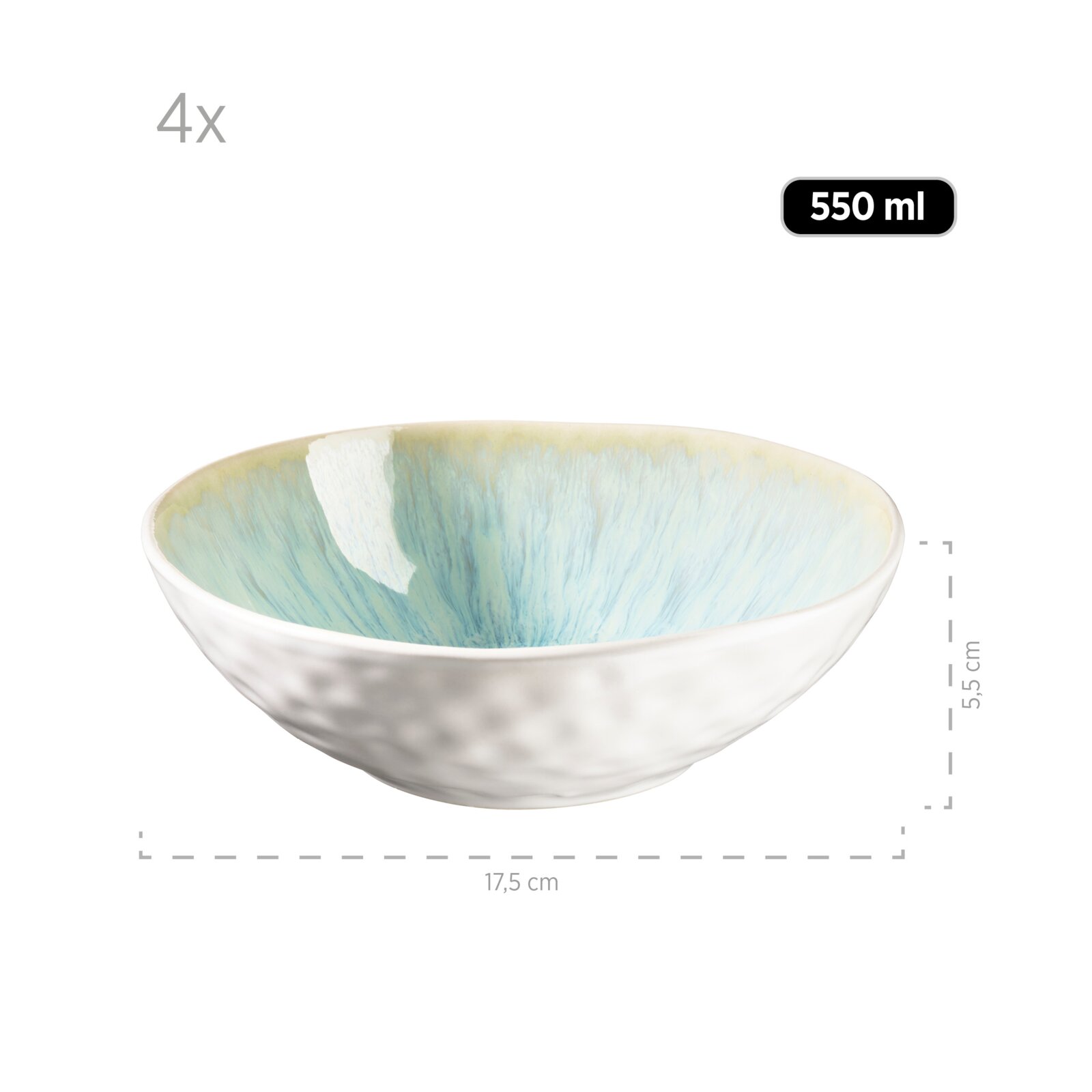 Vier Keramikschalen mit je 550 ml Fassungsvermögen, weißer Außenseite und hellblau-grün glasierter Innenseite, aus schräger Vorderansicht; Maße je Schale: 17,5 cm Durchmesser und 5,5 cm Höhe.
