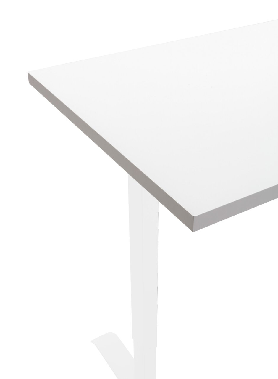 Weiße Tischplatte in der Ecke von oben betrachtet, mit einem stabilen, modernen Design.
