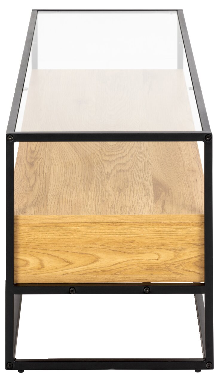 TV-Lowboard aus Holz mit Metallrahmen, seitliche Perspektive