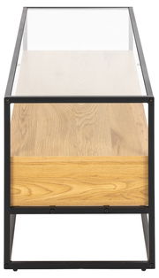 TV-Lowboard aus Holz mit Metallrahmen, seitliche Perspektive