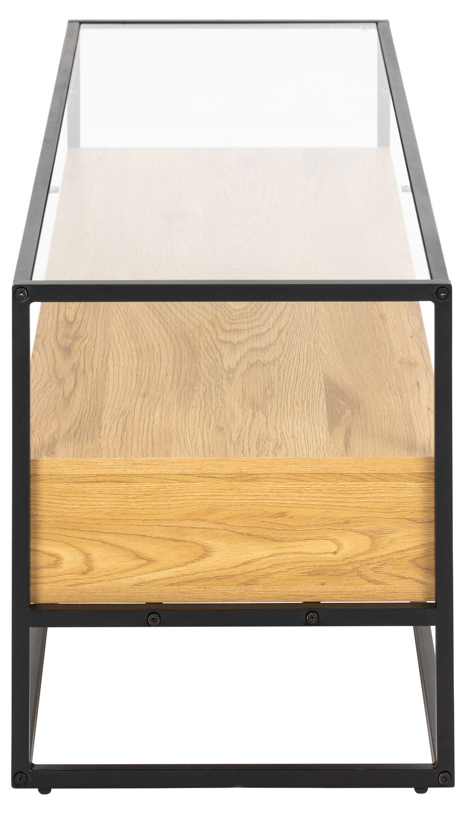 TV-Lowboard aus Holz mit Metallrahmen, seitliche Perspektive