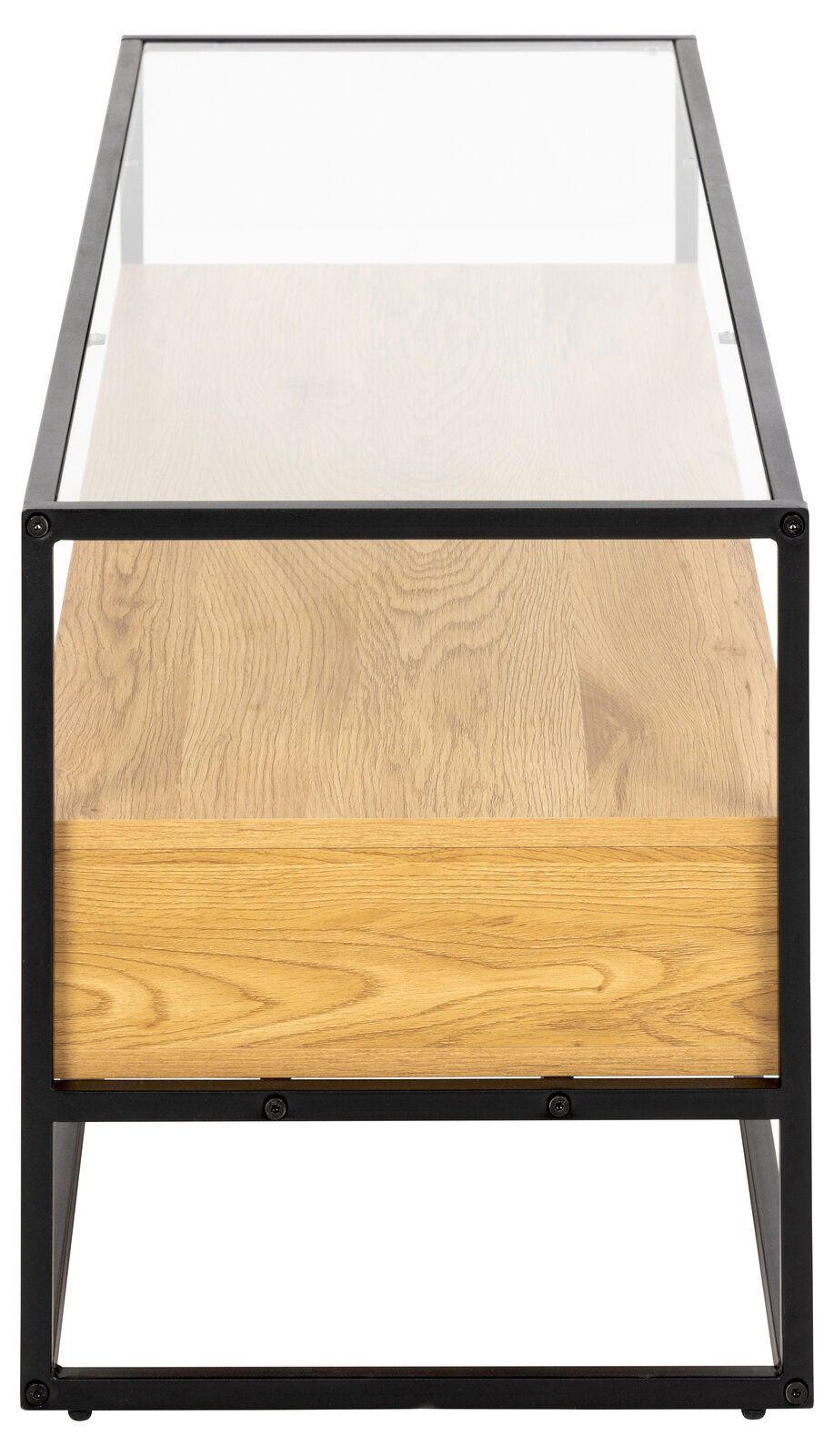 TV-Lowboard aus Holz mit Metallrahmen, seitliche Perspektive