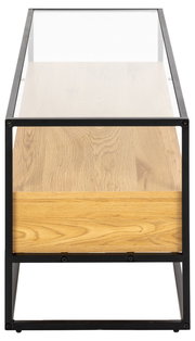 TV-Lowboard aus Holz mit Metallrahmen, seitliche Perspektive