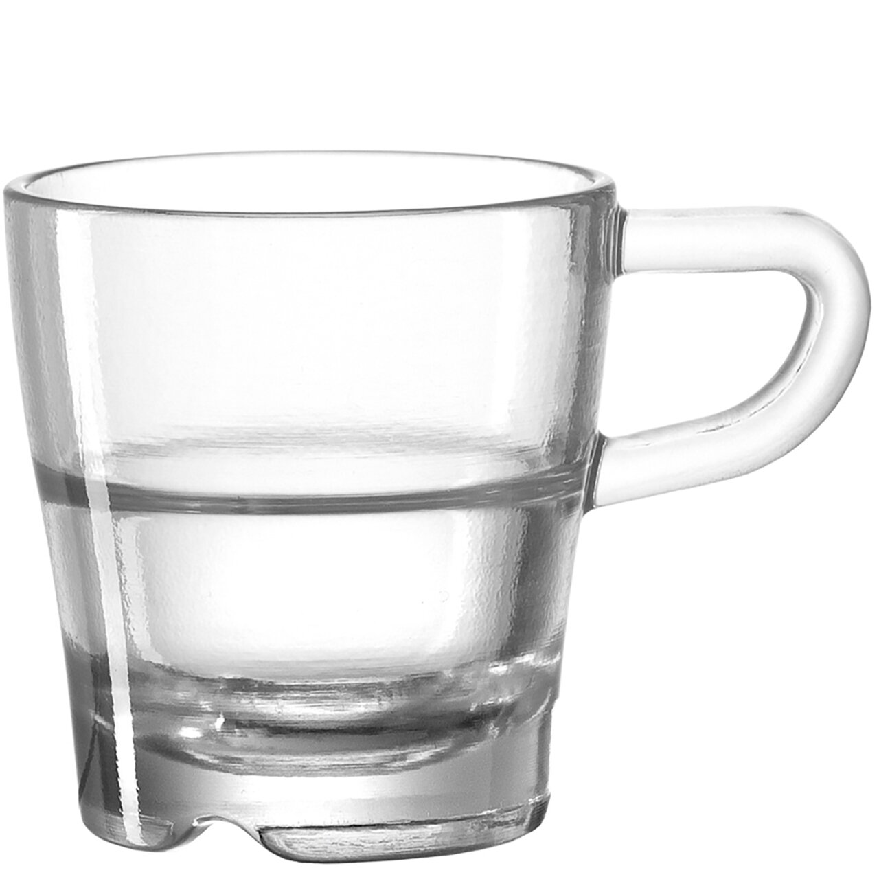 Transparente Espressotasse Senso 70ml aus Glas mit Henkel, seitliche Perspektive